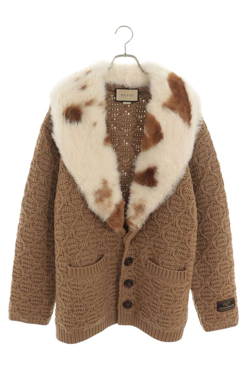 GUCCI Detachable Shearling Collar Knit Cardigan Brown Size M
