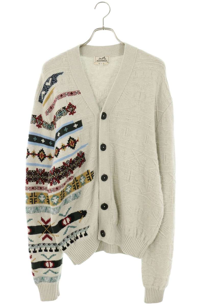HERMES Cashmere Blend Fair Isle Cardigan Gray Size L