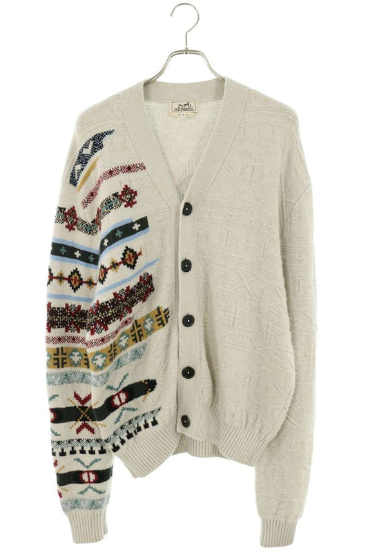 HERMES Cashmere Blend Fair Isle Cardigan Gray Size L