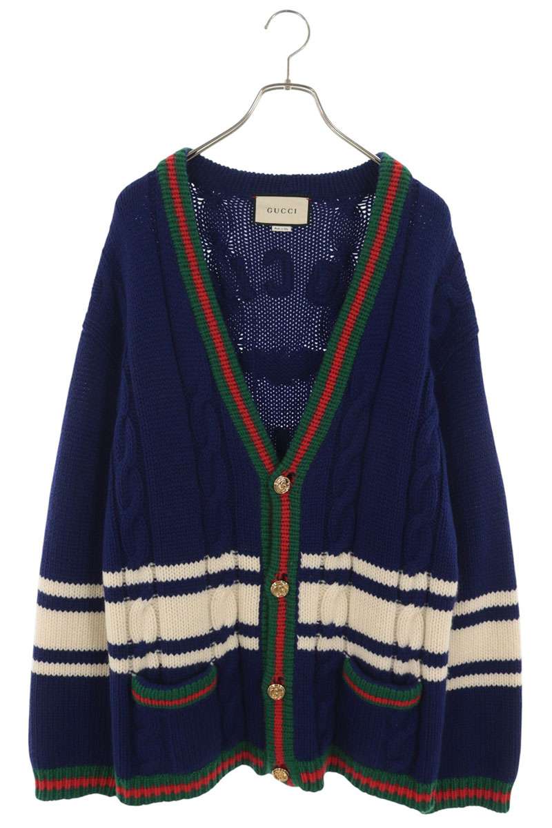 GUCCI Rhinestone Cable Knit Cardigan Blue Size S