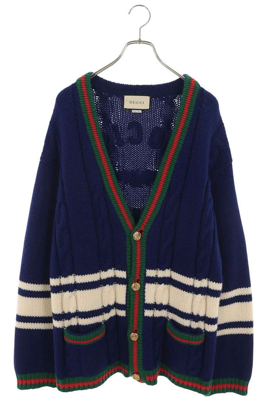 GUCCI Rhinestone Cable Knit Cardigan Blue Size S