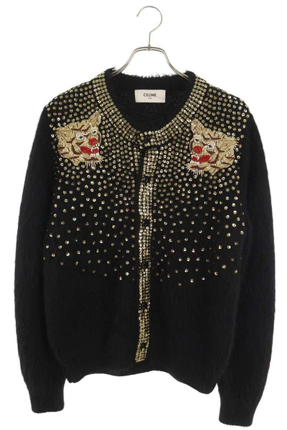 CELINE Black Sequin Tiger Embroidered Cardigan Size M