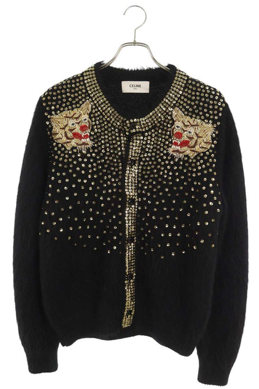 CELINE Black Sequin Tiger Embroidered Cardigan Size M