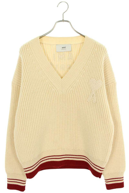 AMI 25SS Embroidered V-Neck Knit Sweater White Size XL