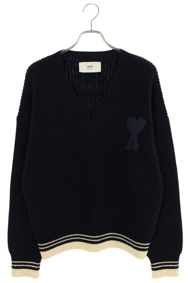 AMI 25SS Embroidered V-Neck Knit Sweater Blue Size XL