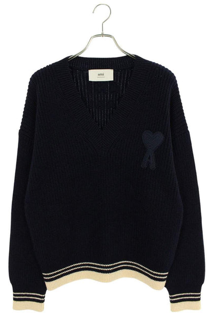 AMI 25SS Embroidered V-Neck Knit Sweater Blue Size XL