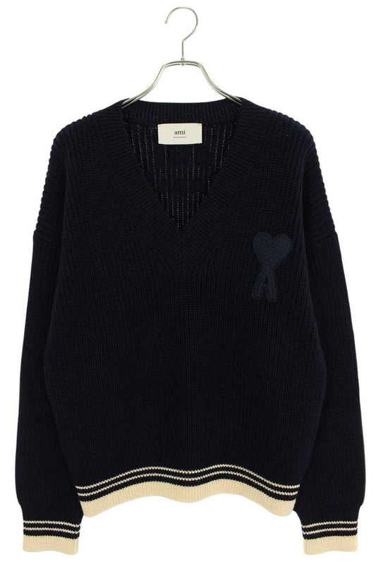 AMI 25SS Embroidered V-Neck Knit Sweater Blue Size XL