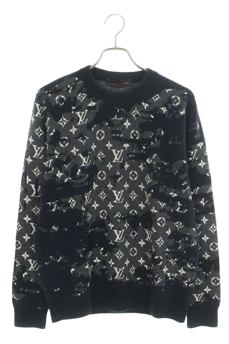 Louis Vuitton Distressed Monogram Crewneck Knit Navy Size M
