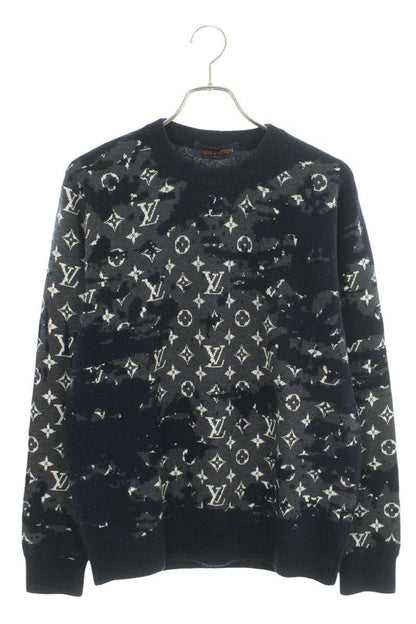 Louis Vuitton Distressed Monogram Crewneck Knit Navy Size M