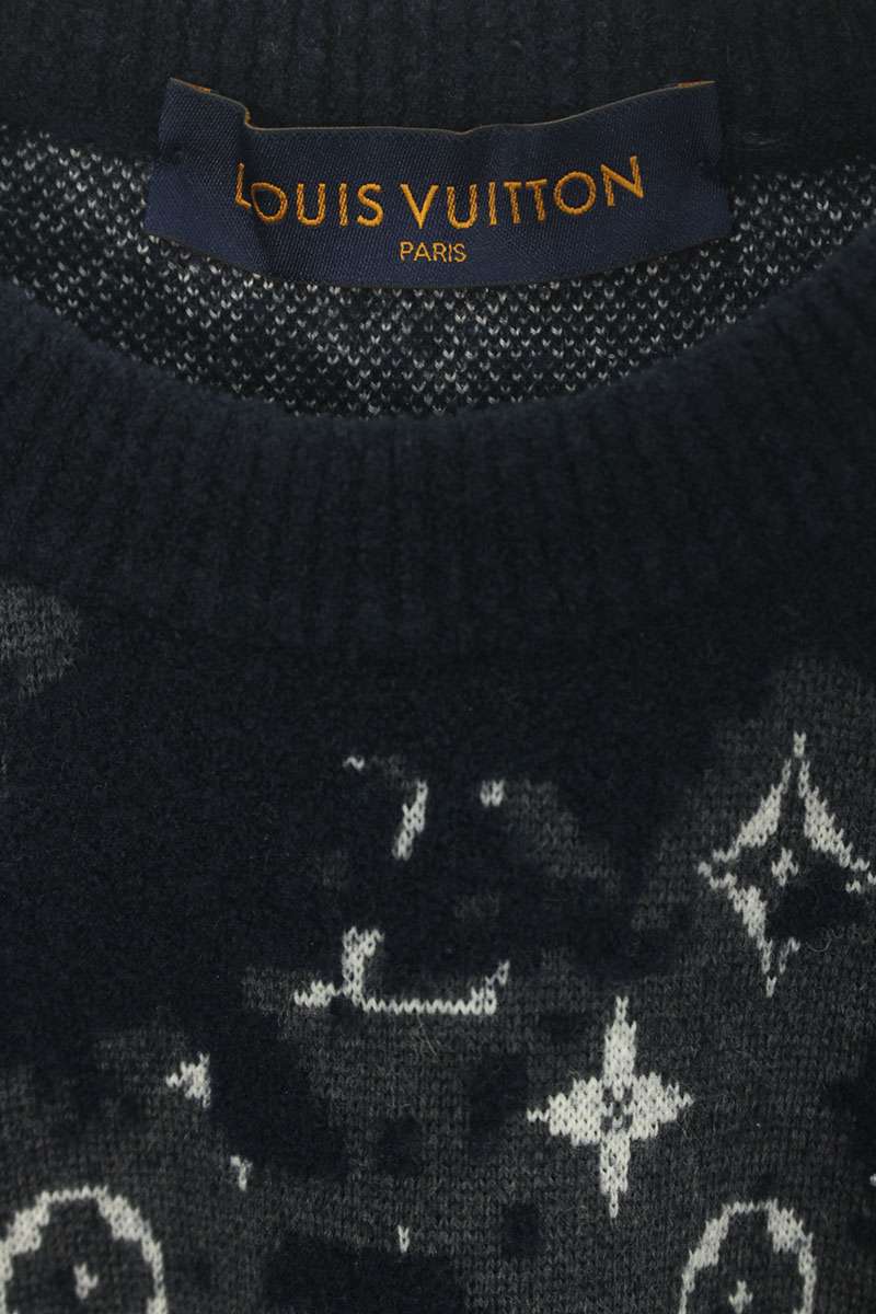 Louis Vuitton Distressed Monogram Crewneck Knit Navy Size M