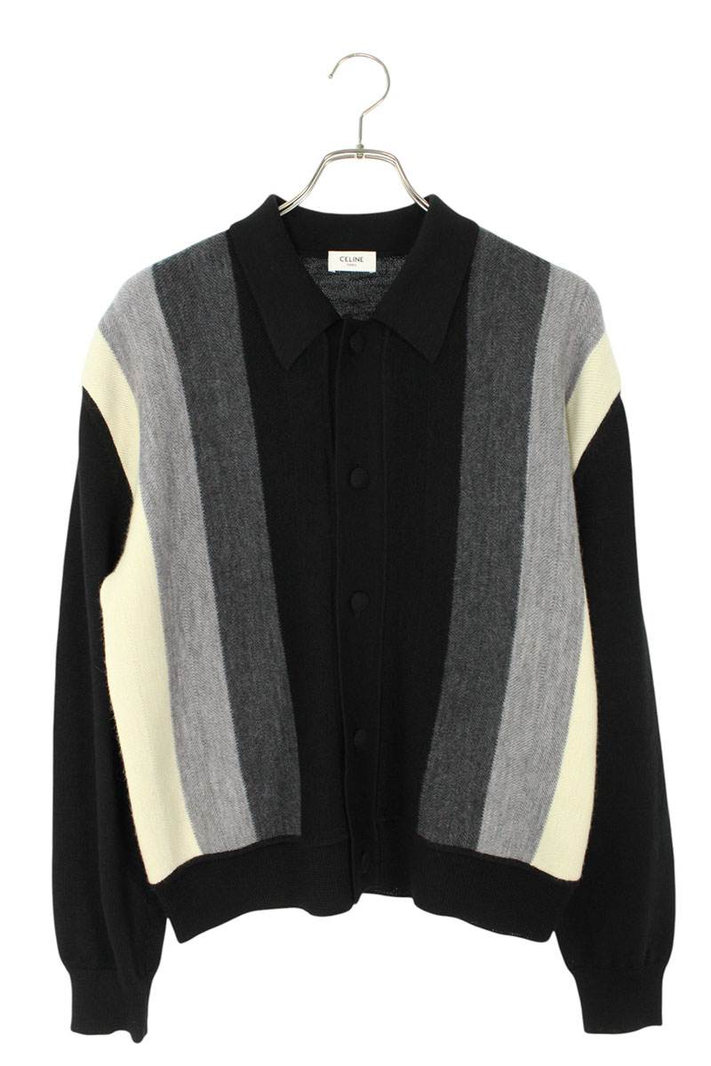 CELINE Stripe Wool Polo Knit Black Gray Multi Size M