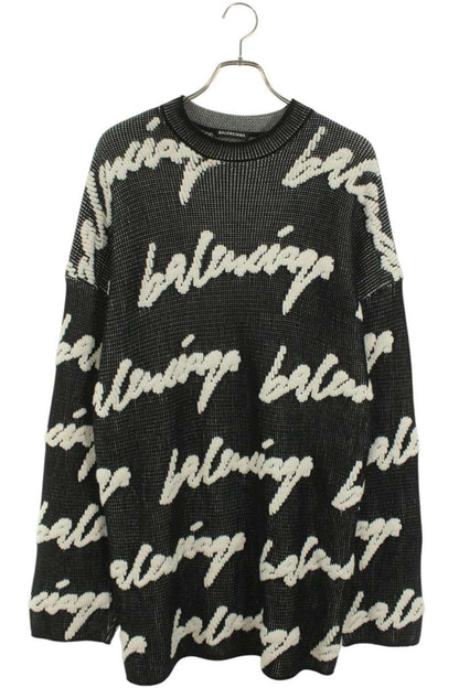 Balenciaga 20AW Logo Oversized Crewneck Knit Sweater Black x White Size S