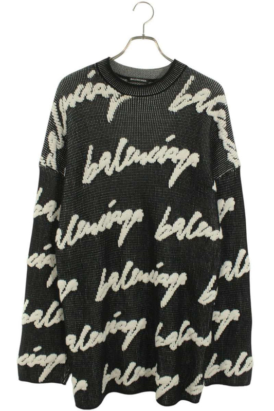 Balenciaga 20AW Logo Oversized Crewneck Knit Sweater Black x White Size S