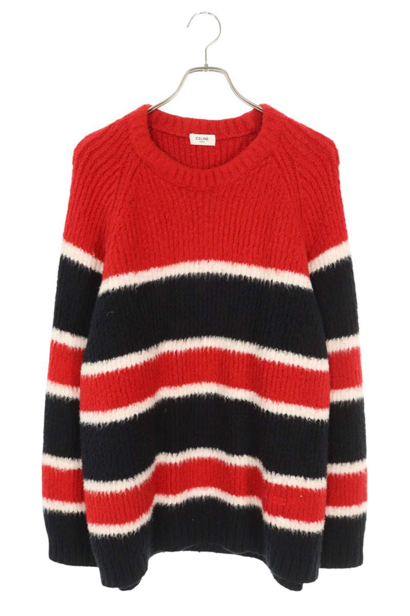 CELINE Stripe Border Crewneck Knit Red Size XL