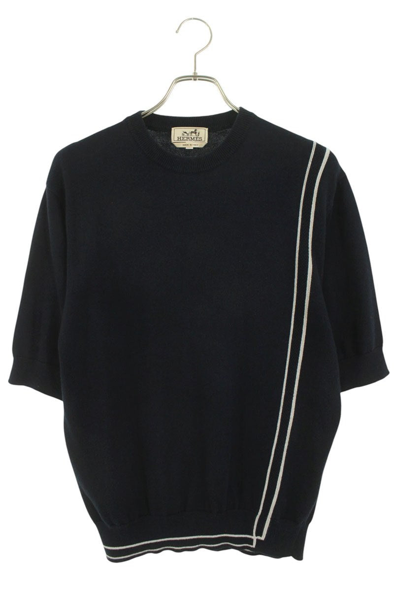 Hermes Graphic Cotton Cashmere Half Sleeve Knit Sweater Blue x White Size S