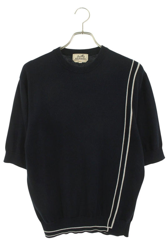 Hermes Graphic Cotton Cashmere Half Sleeve Knit Sweater Blue x White Size S