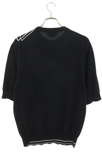 Hermes Graphic Cotton Cashmere Half Sleeve Knit Sweater Blue x White Size S