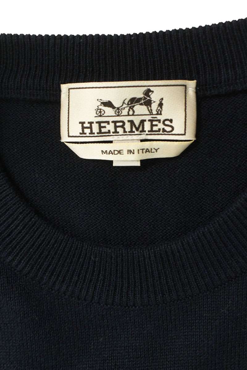Hermes Graphic Cotton Cashmere Half Sleeve Knit Sweater Blue x White Size S