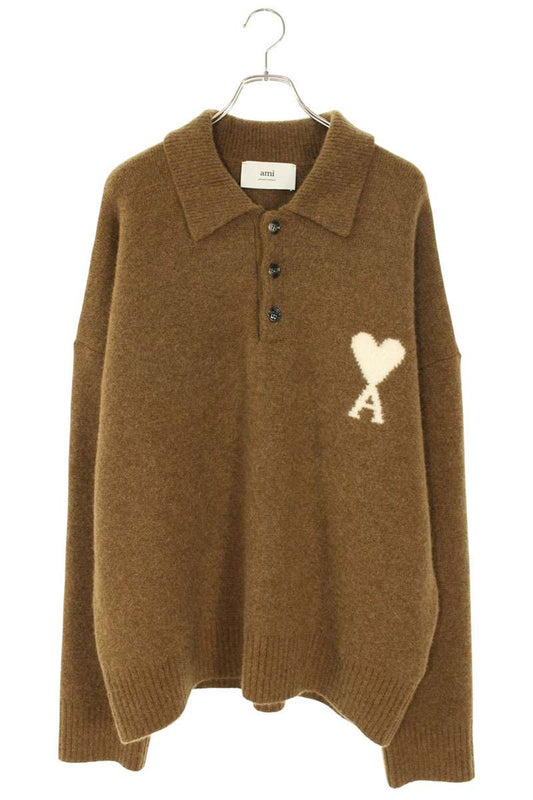 AMI 25AW Embroidered Polo Knit Sweater Brown Size XL