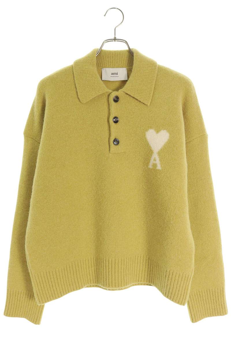 AMI 25AW Embroidered Polo Knit Sweater Yellow Size S