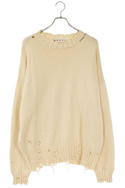Marni 22AW Beige Distressed Neck Logo Stitch Knit Size XL