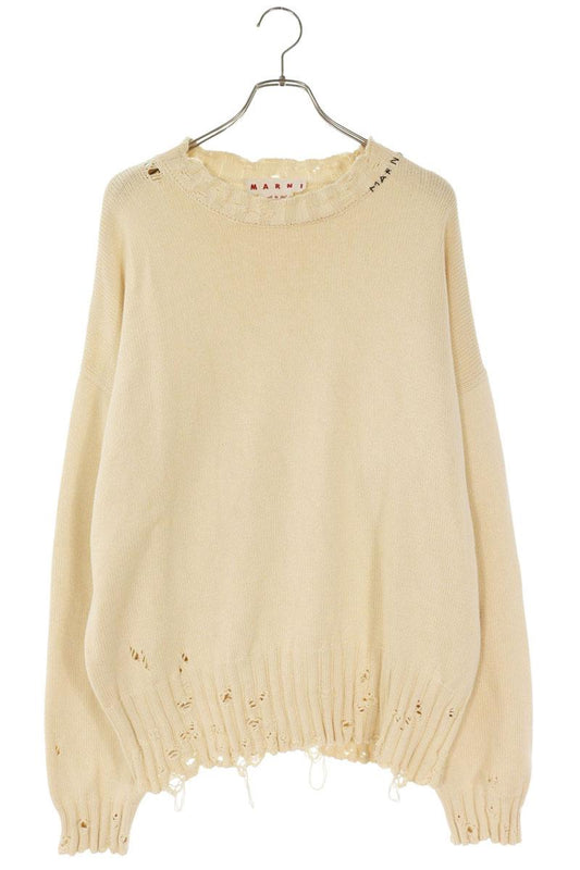 Marni 22AW Beige Distressed Neck Logo Stitch Knit Size XL