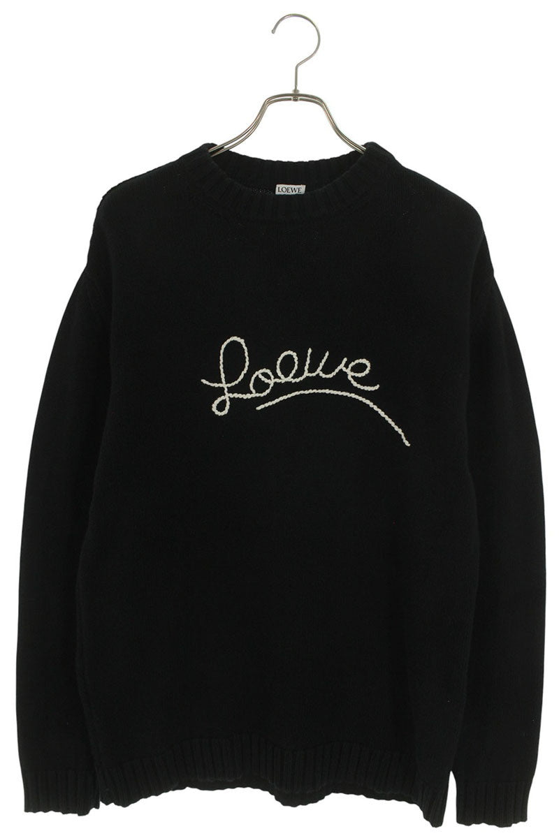 LOEWE Logo Embroidered Crewneck Cotton Knit Black Size S