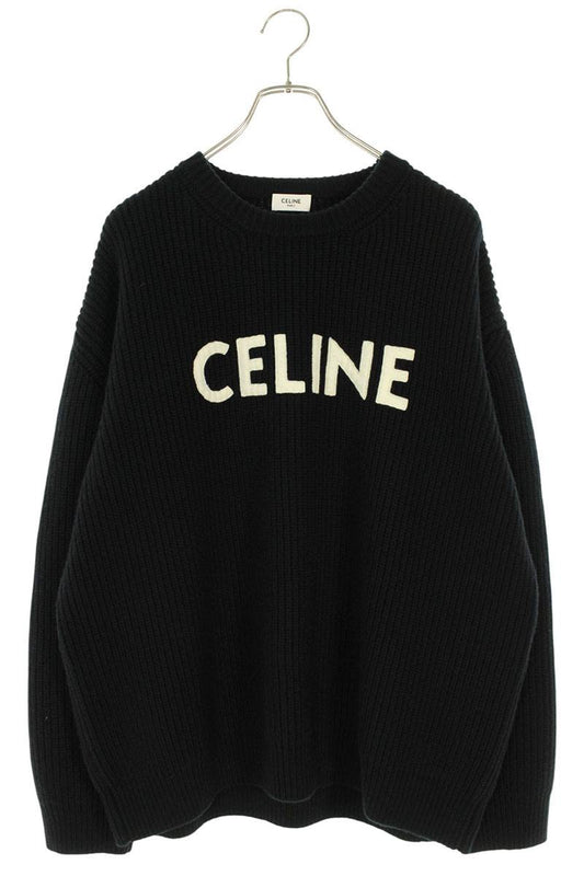 CELINE Logo Patch Crewneck Wool Knit Black Size S