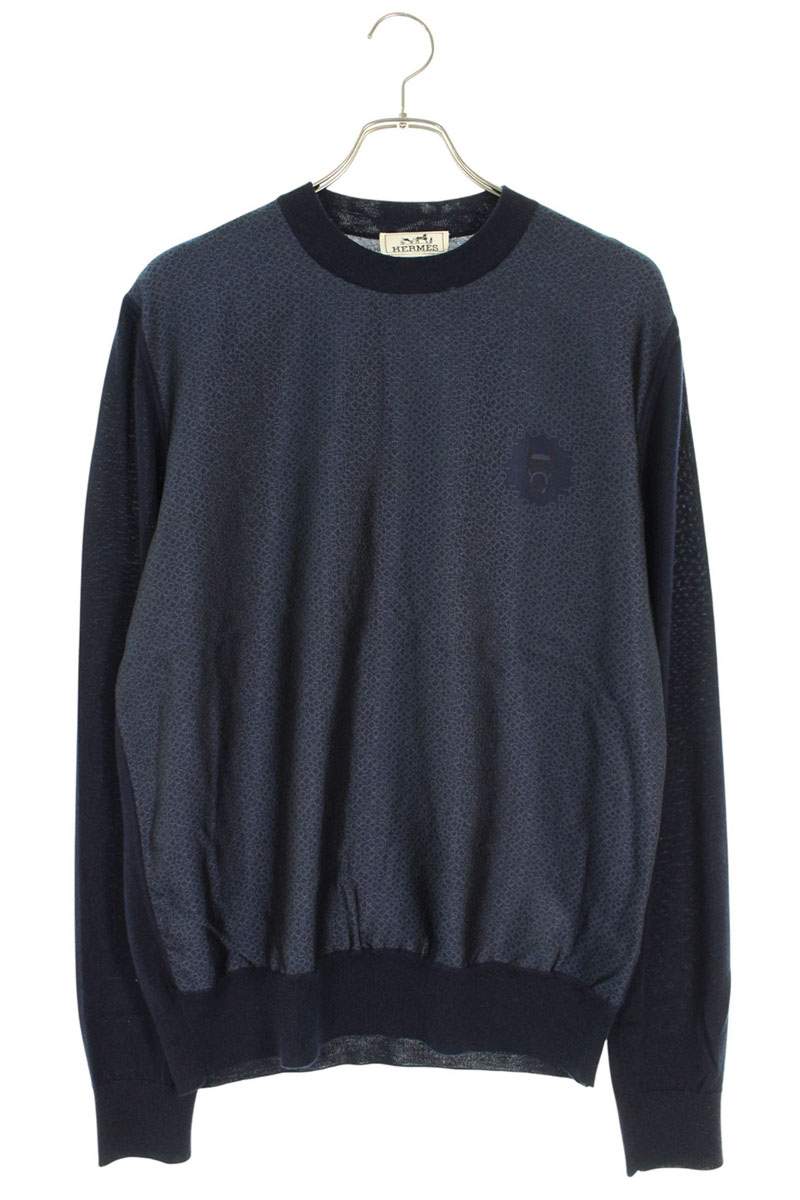 Hermes All-Over Print Cashmere Knit Sweater Blue Size L