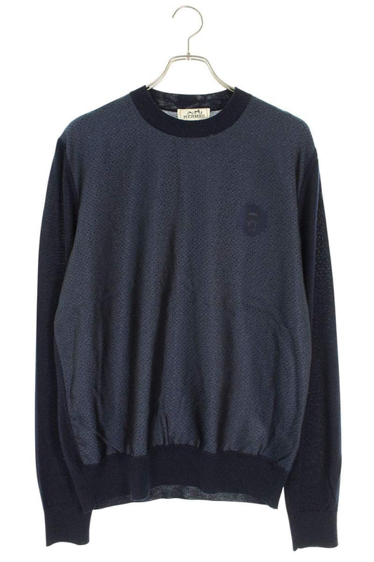 Hermes All-Over Print Cashmere Knit Sweater Blue Size L