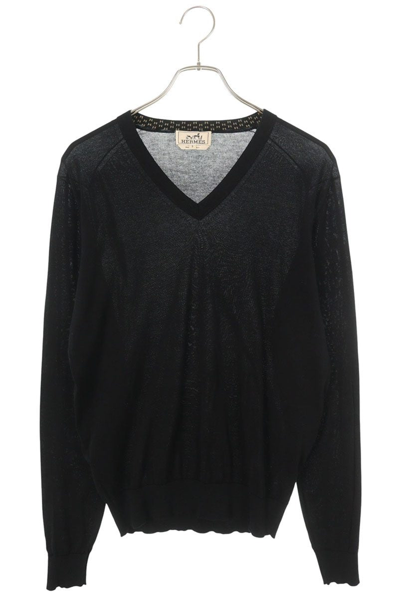 Hermes V-Neck Cotton Knit Sweater Black Size S