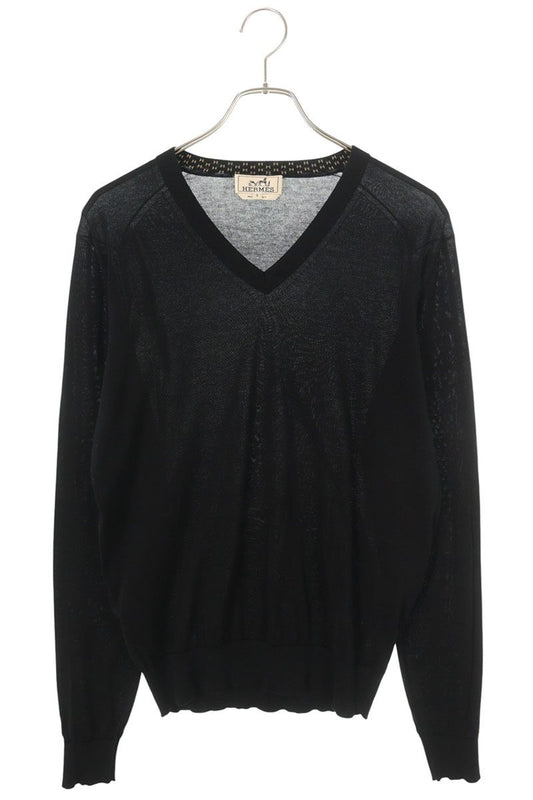 Hermes V-Neck Cotton Knit Sweater Black Size S