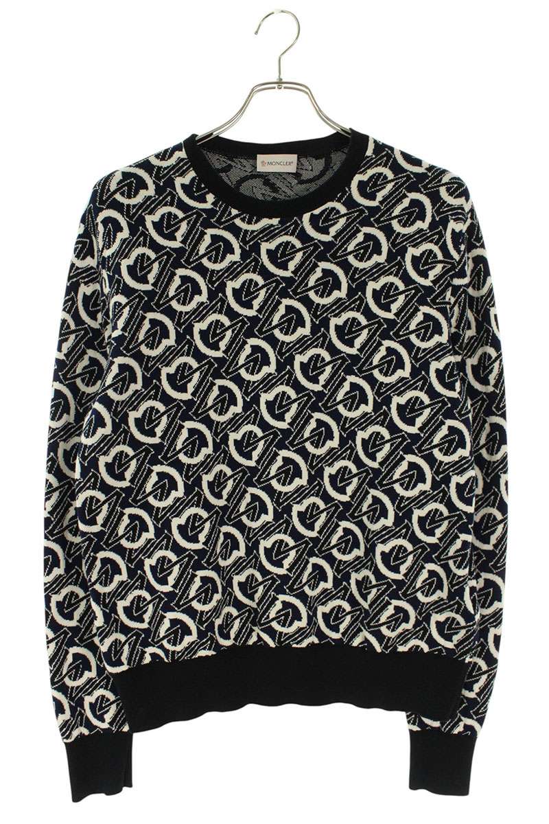 MONCLER Navy Cotton All-Over Logo Knit Size S
