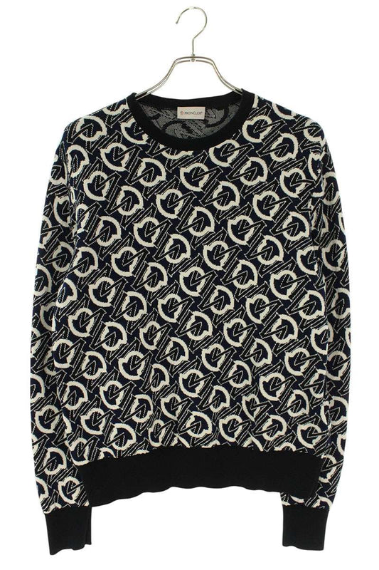 MONCLER Navy Cotton All-Over Logo Knit Size S
