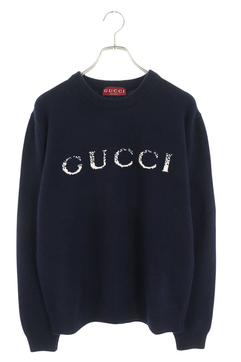 GUCCI Intarsia Logo Wool Knit Sweater Navy Size L