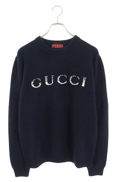 GUCCI Intarsia Logo Wool Knit Sweater Navy Size L