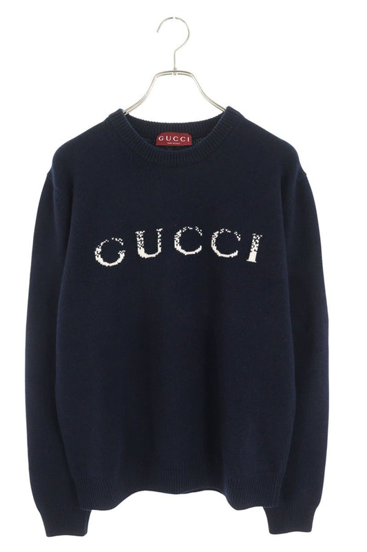GUCCI Intarsia Logo Wool Knit Sweater Navy Size L
