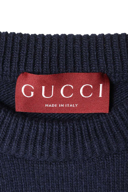 GUCCI Intarsia Logo Wool Knit Sweater Navy Size L