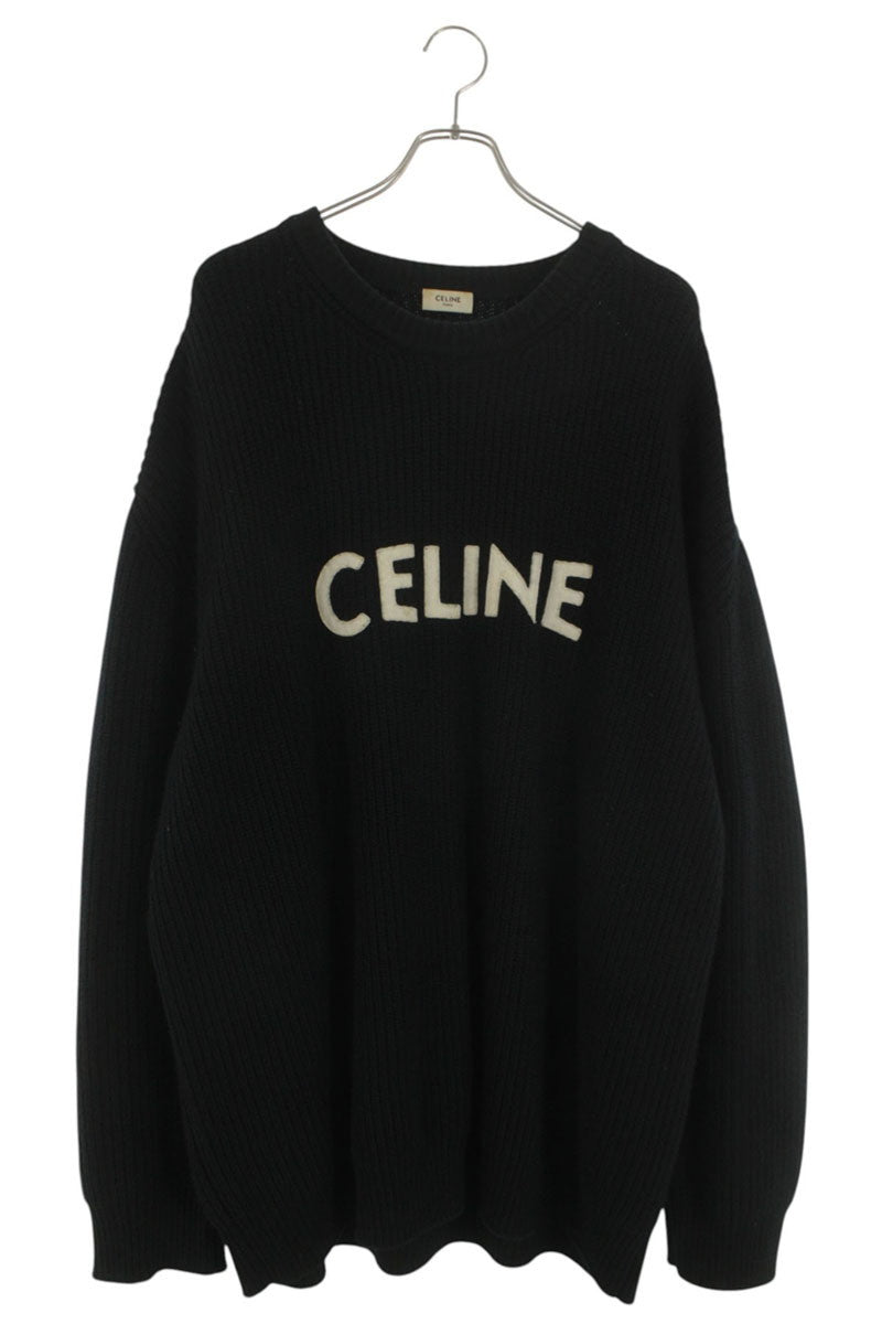 CELINE Black Front Logo Wool Angora Knit Size XL