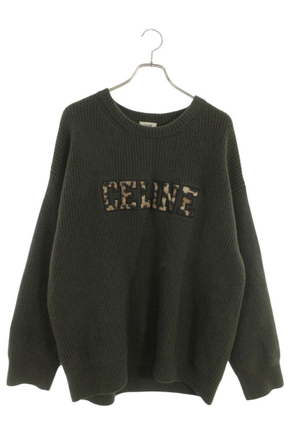 CELINE Multi Leopard Logo Patch Wool Crew Neck Knit Size M