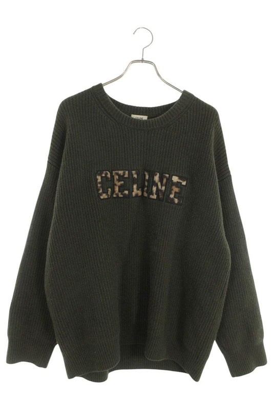 CELINE Multi Leopard Logo Patch Wool Crew Neck Knit Size M