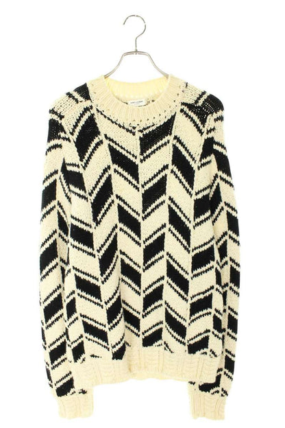 Saint Laurent Paris 21AW Wool Knit Sweater White x Black Size L