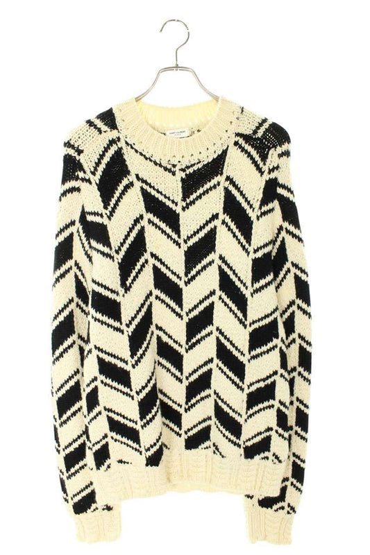 Saint Laurent Paris 21AW Wool Knit Sweater White x Black Size L