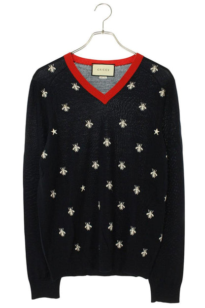 GUCCI Bee Embroidered Wool V-Neck Knit Multi Size S