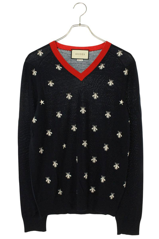 GUCCI Bee Embroidered Wool V-Neck Knit Multi Size S