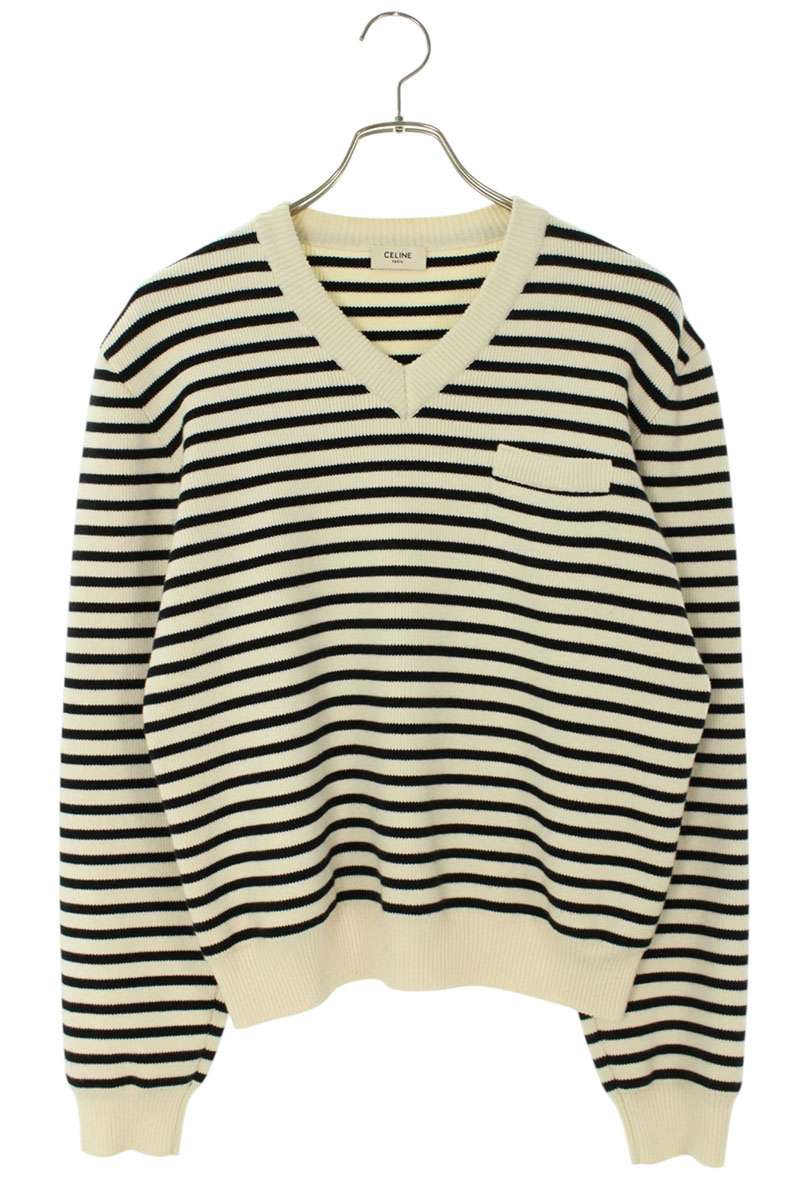 CELINE Stripe Cotton V-Neck Knit Multi Size XS