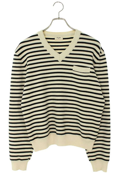 CELINE Stripe Cotton V-Neck Knit Multi Size XS