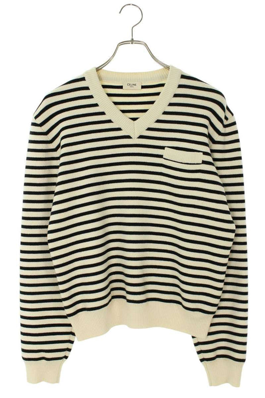 CELINE Stripe Cotton V-Neck Knit Multi Size XS