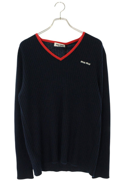 miumiu Logo Embroidered Cashmere V-Neck Knit Navy Size XS