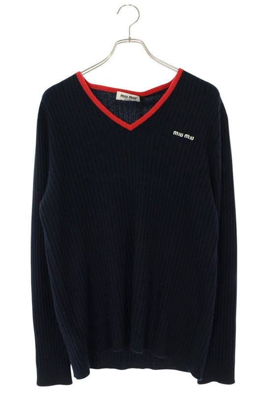 miumiu Logo Embroidered Cashmere V-Neck Knit Navy Size XS